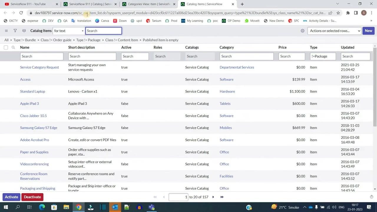 ServiceNow catalog details page with the Categories tab open, showing Tech Topics and Non-Tech Topics under Catalog = ServiceNow 911.
