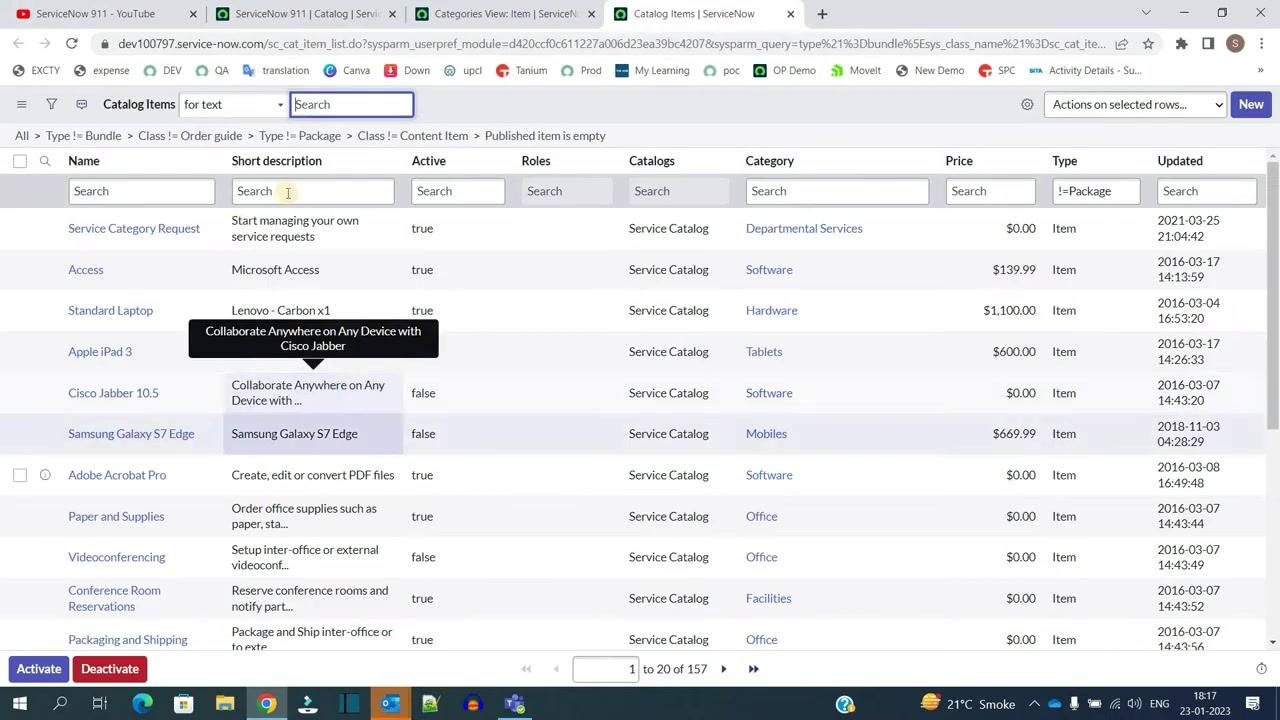 ServiceNow Catalog Items list showing columns for Name, Short Description, Active, Roles, Catalogs, Category, Price, Type, and Updated. Example items include Service Category Request, Access, Standard Laptop, and Apple iPad 3.