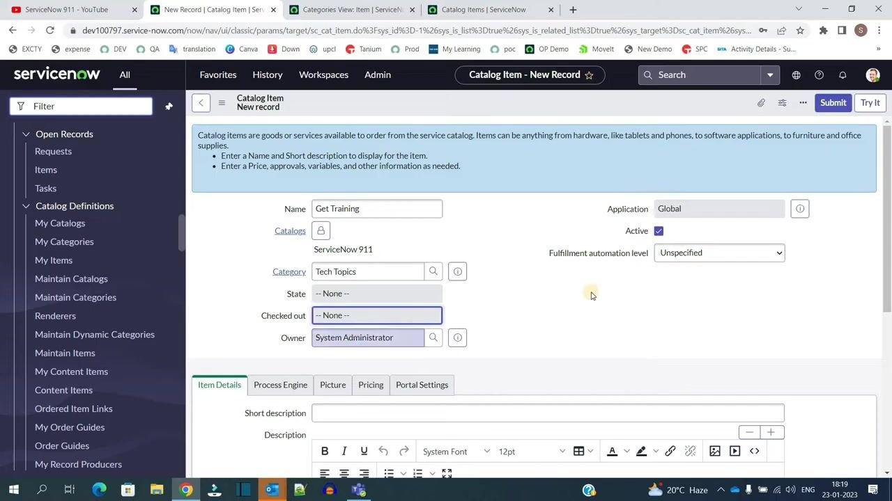 ServiceNow Catalog Item creation form with Name set to Get Training, Catalogs set to ServiceNow 911, Category set to Tech Topics, Active checked, and Owner set to System Administrator.