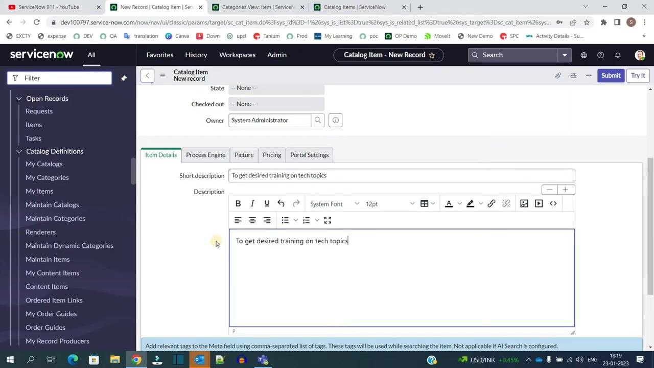 ServiceNow Catalog Item form with the Short description and Description fields filled in, and guidance for adding meta tags at the bottom.