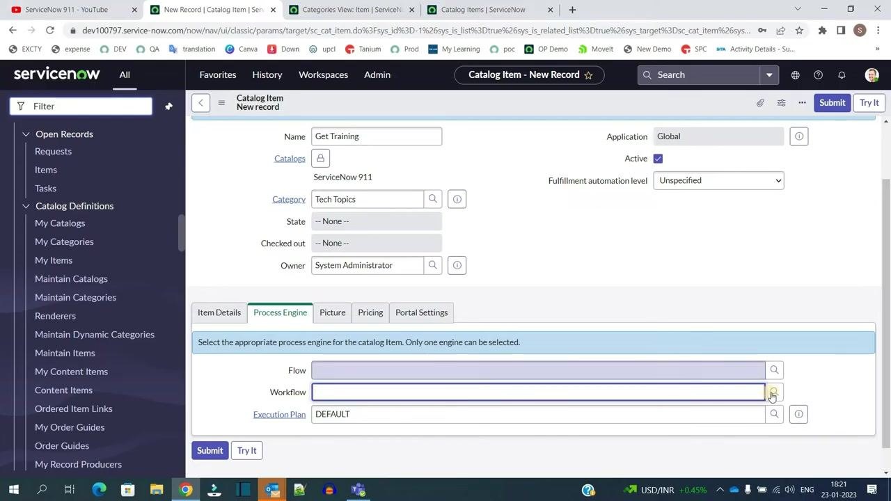 ServiceNow Catalog Item Process Engine tab with options for Flow, Workflow, and Execution Plan. The Workflow field is ready for selection.