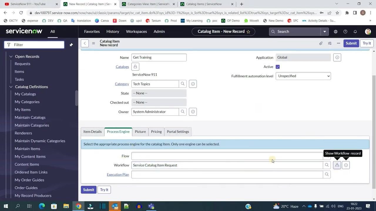 ServiceNow Catalog Item form, Process Engine tab, with the cursor positioned over the Show Workflow record icon next to the Workflow field.