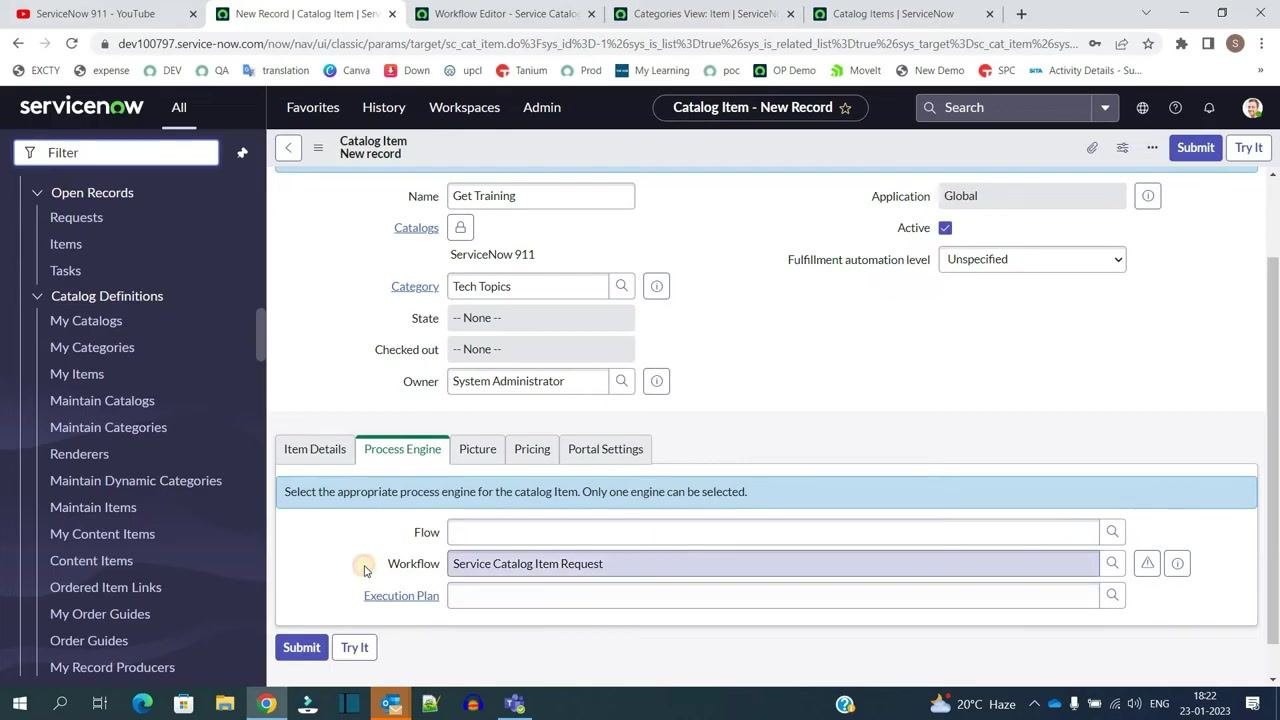 ServiceNow Catalog Item form, Process Engine tab, with the Workflow field populated.