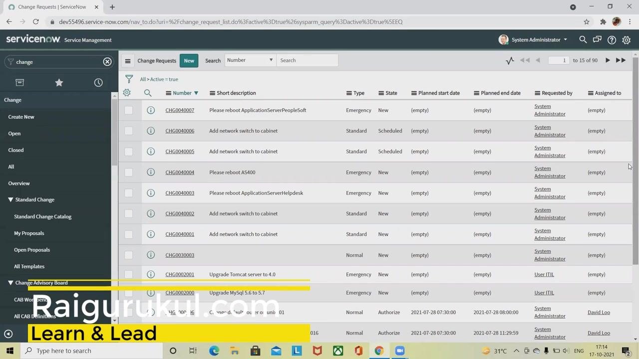 ServiceNow Change Requests list with navigation sidebar and multiple change requests displayed