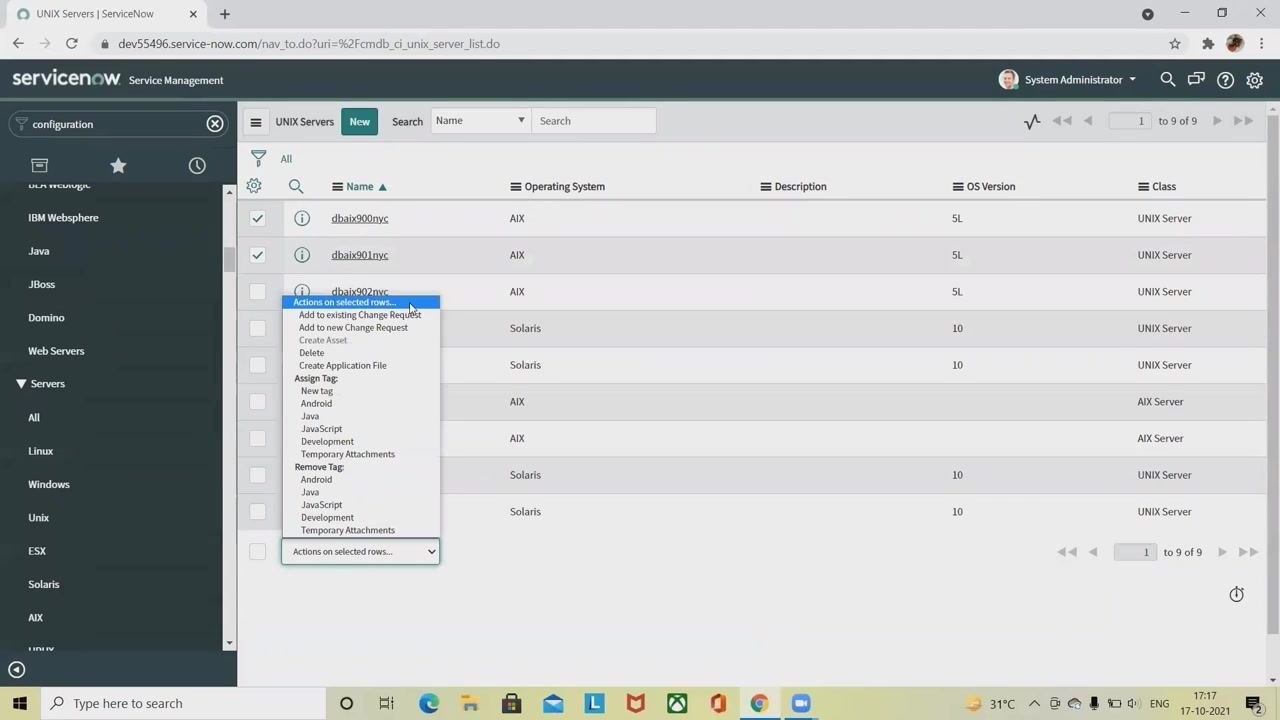 Choose a Change Request dialog open, with the Change Requests search window showing "No records to display" and search options for Number or Short description