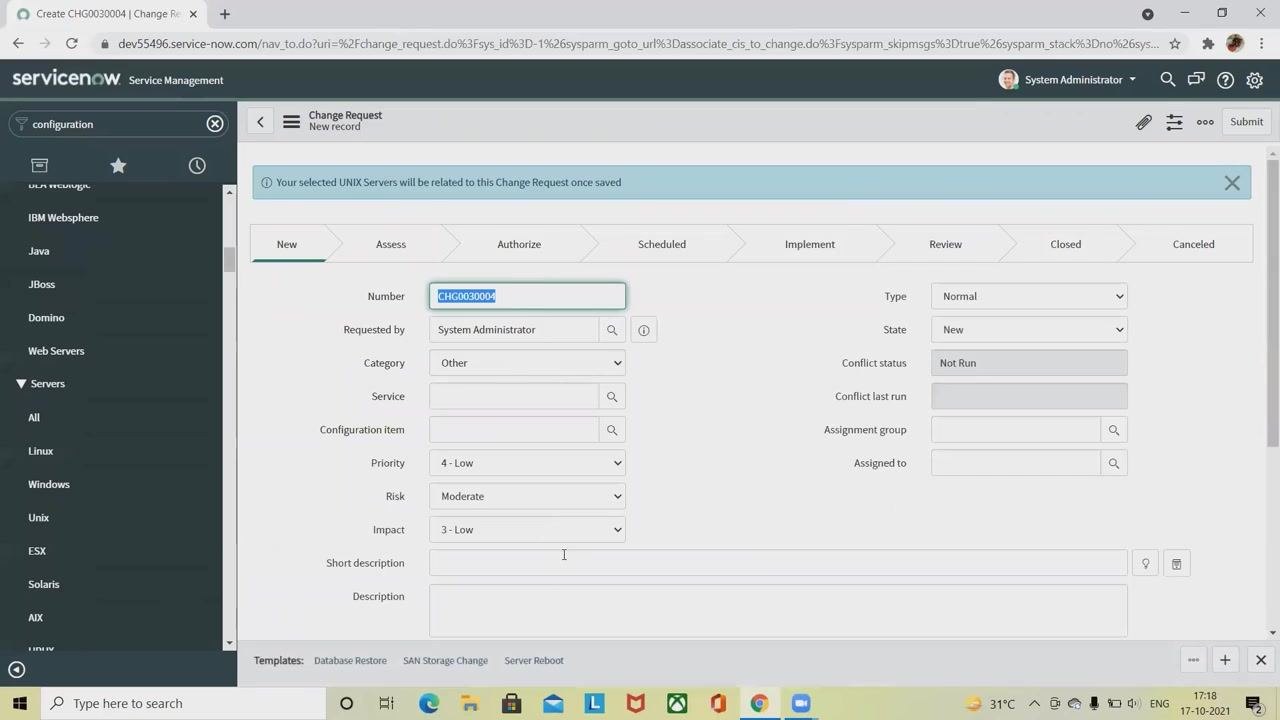 Change Request form with fields for Number, Requested by, Category, Service, Configuration item, Priority, Risk, Impact, and tabs for Planning, Schedule, Conflicts, Notes, and Closure Information