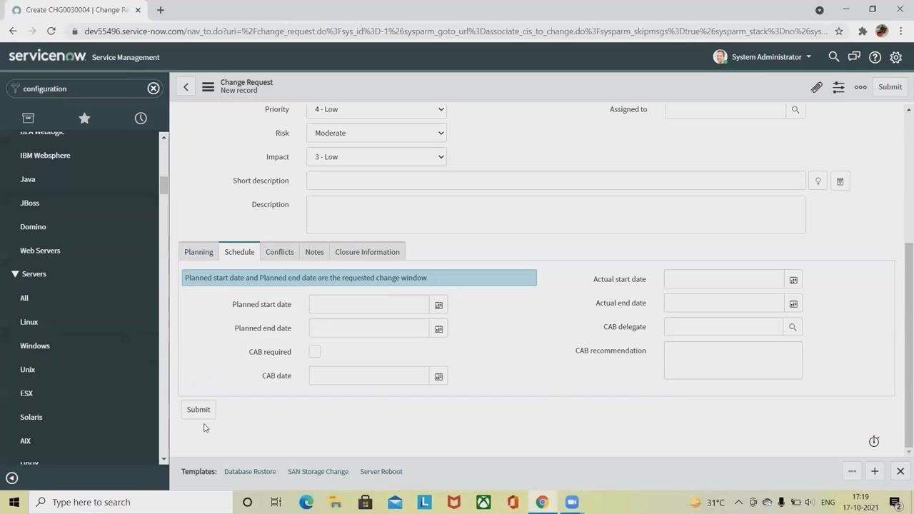 ServiceNow Change Request form with Schedule tab open, "Subscribe" overlay in the lower right corner, desktop environment visible.
