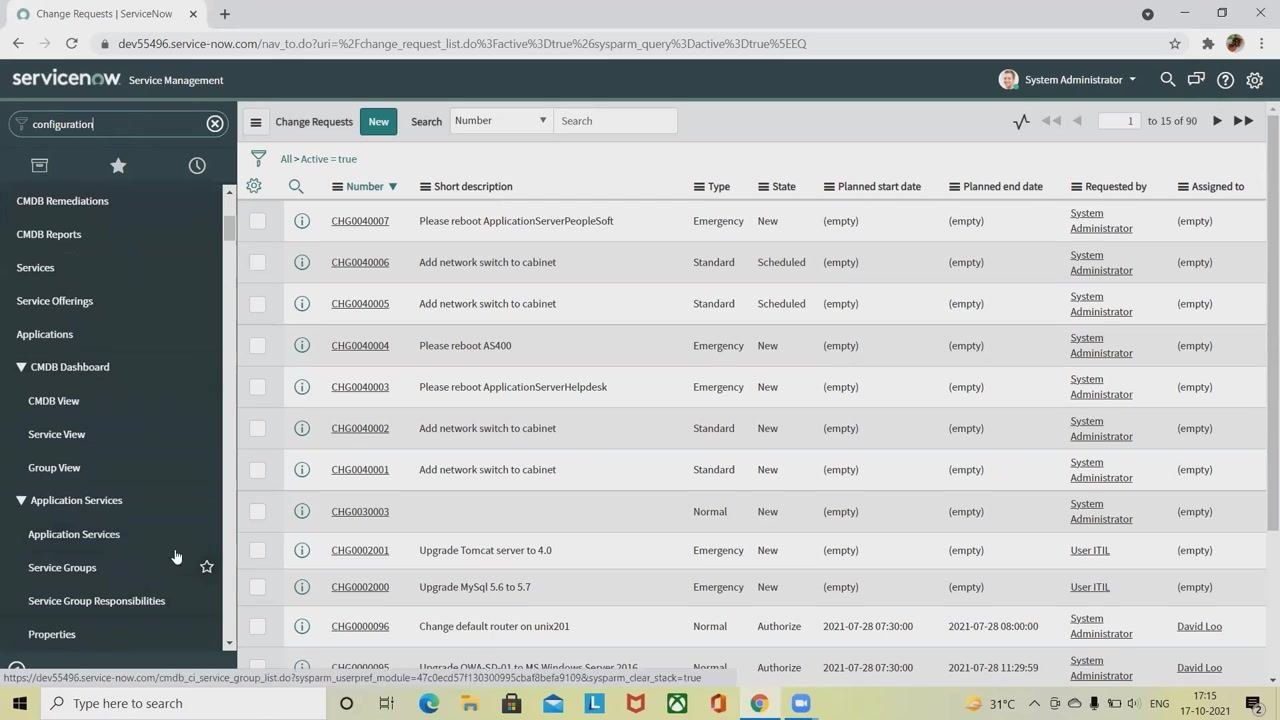 Sidebar search for 'configuration' with expanded menu showing Servers, Application Servers, and related options