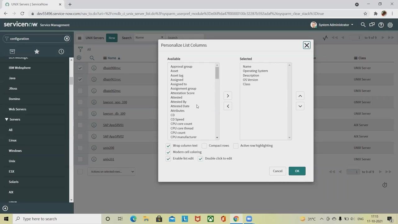 Personalize List Columns dialog with available and selected fields, and customization options