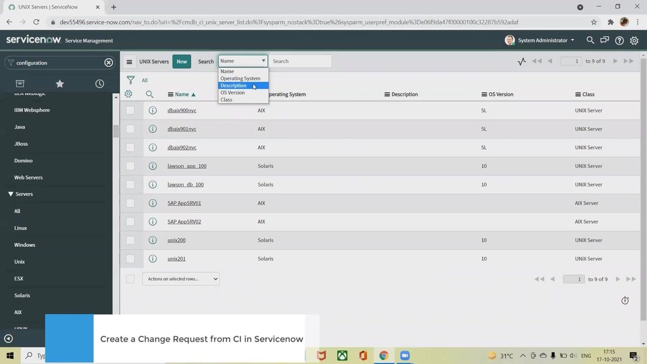 Search bar with dropdown filter options for Name, Operating System, Description, OS Version, and Class