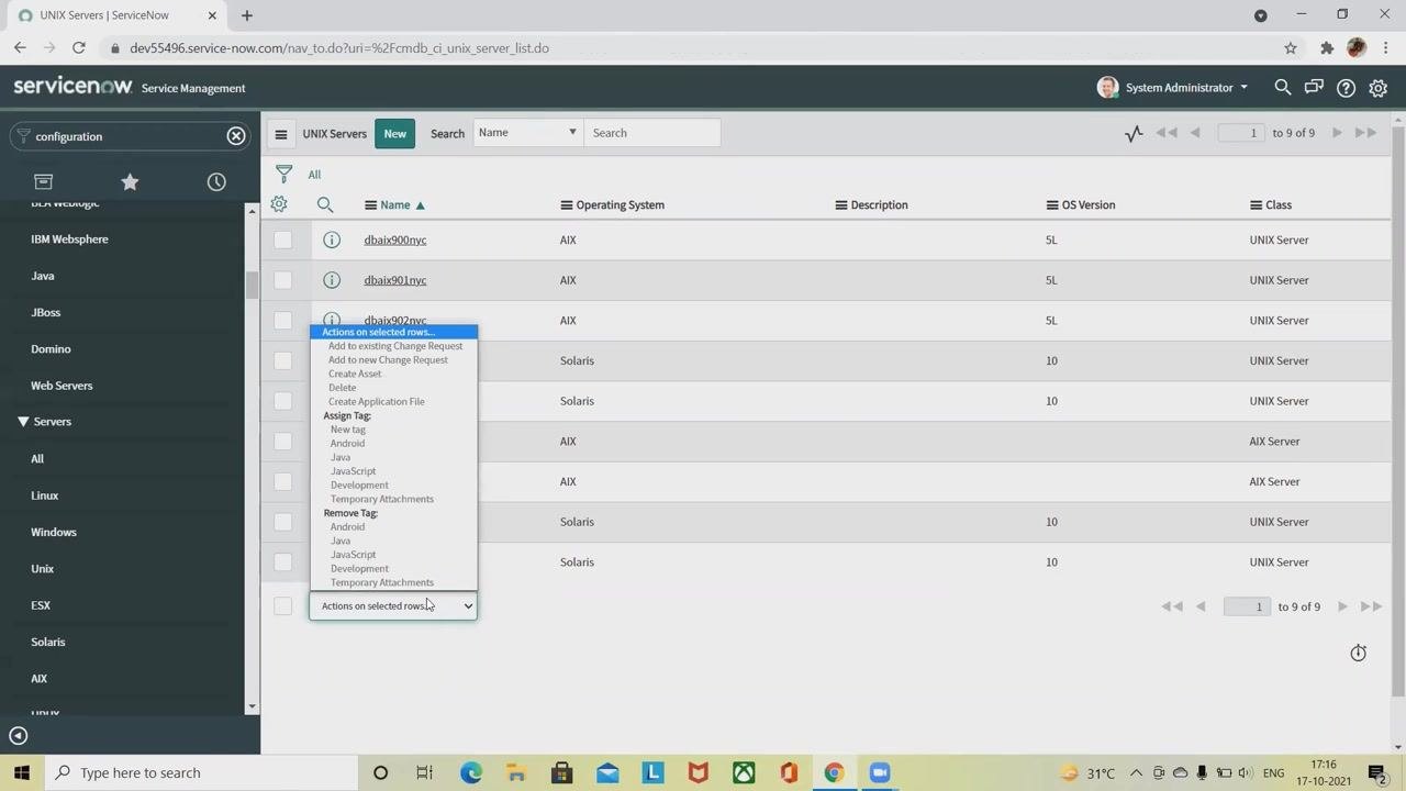 Actions on selected rows dropdown menu with options for adding to change requests, creating assets, assigning/removing tags, and more