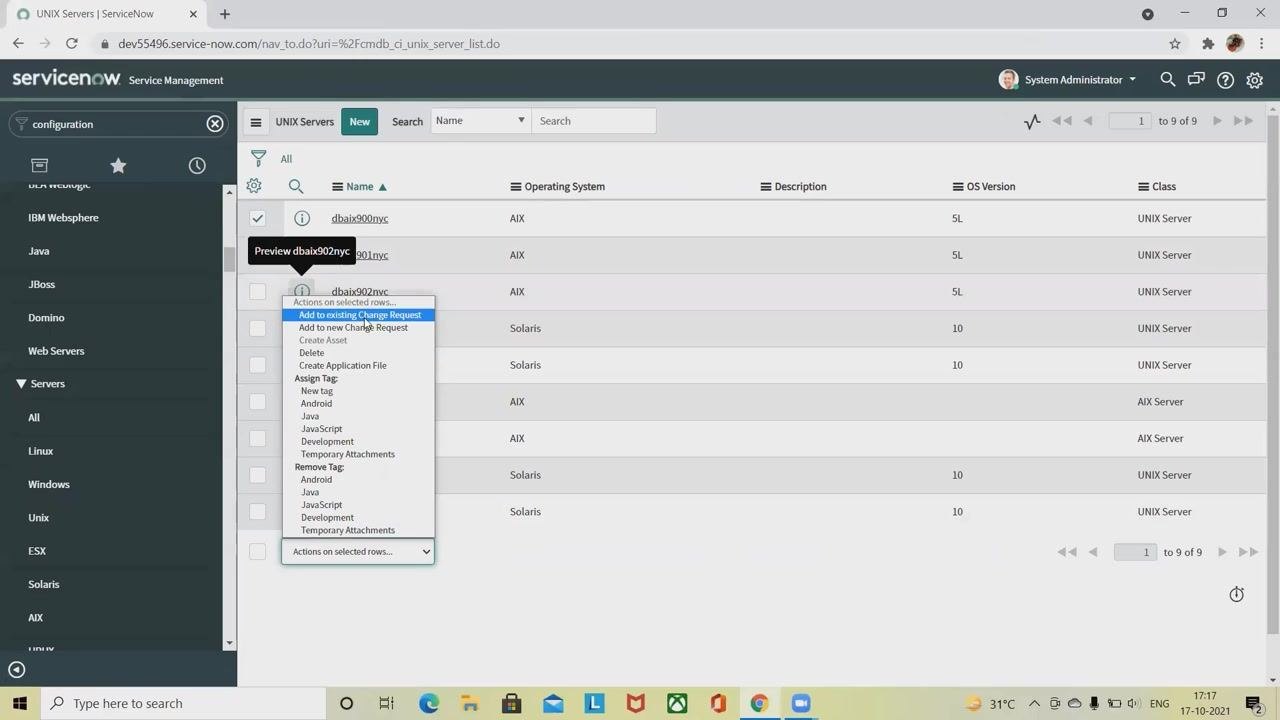 Multiple UNIX servers selected and 'Add to existing Change Request' highlighted in the actions dropdown