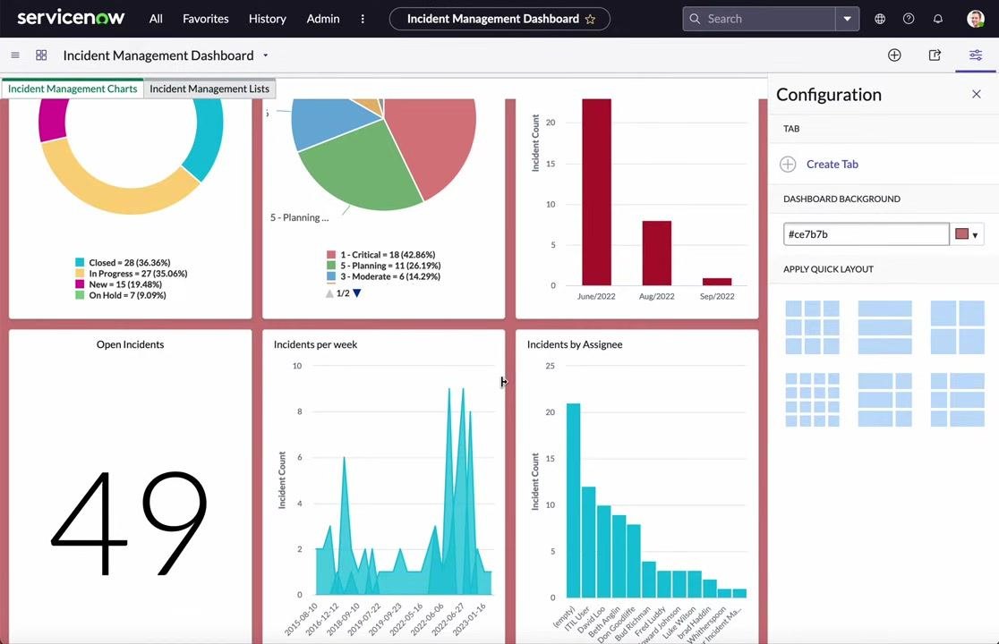 Dashboard with multiple widgets and the configuration panel open, showing layout and color options