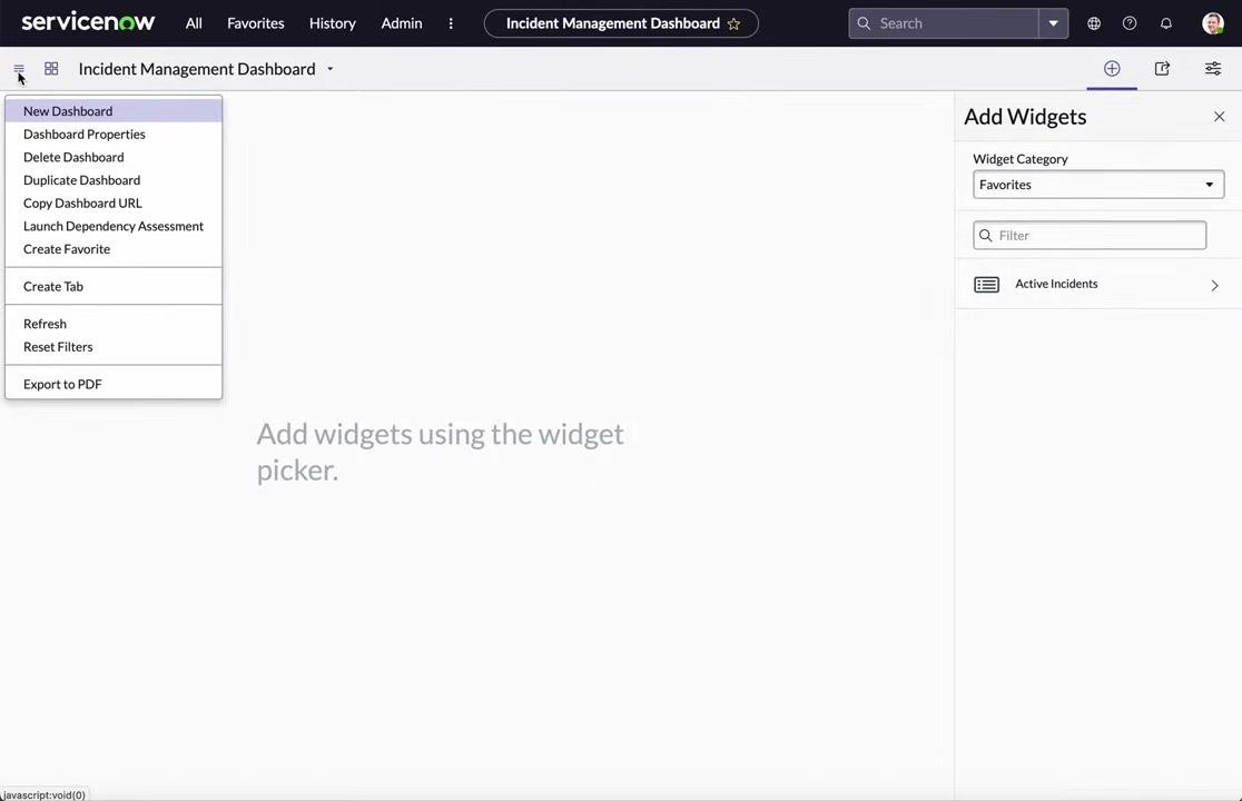 Dashboard creation form with "Incident Management Dashboard" as the name, "Active" checked, and "System Administrator" as owner