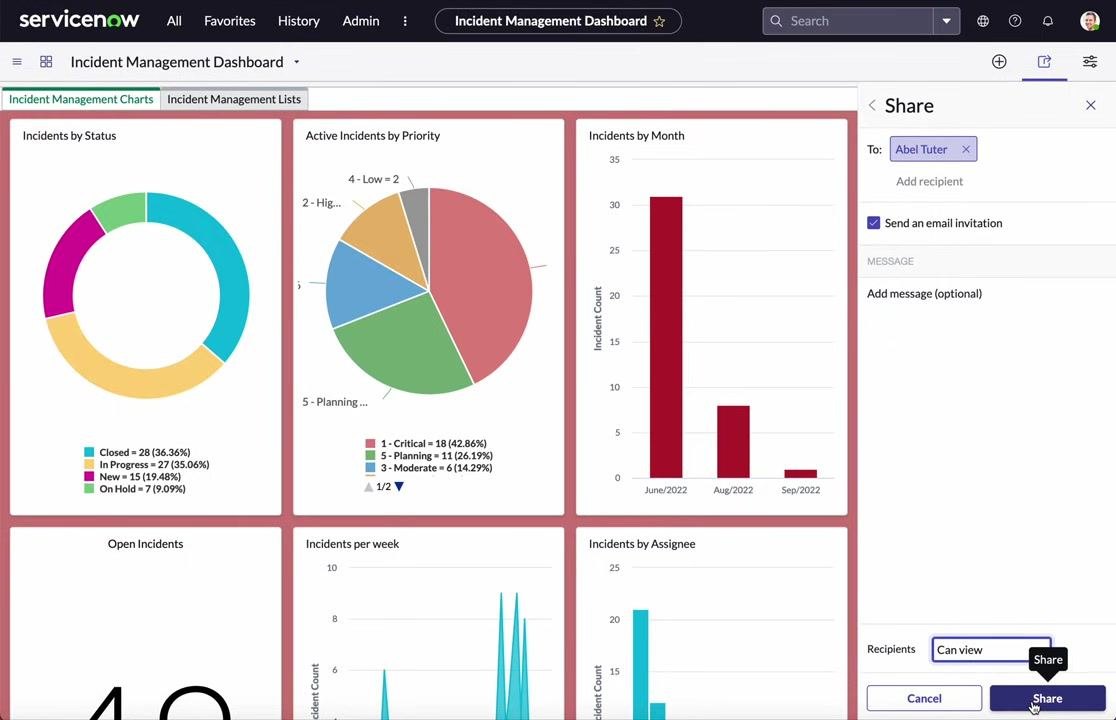 Dashboard with the Share panel, recipient "Abel Tuter" added, "Can view" selected, and the Share button highlighted