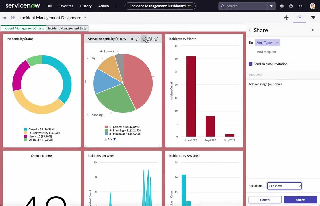 Dashboard with the Share panel open, recipient added, and a reminder to check report access