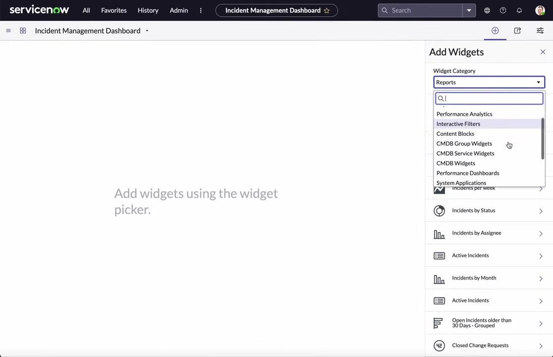 Incident Management Dashboard with the widget picker open, plus icon highlighted, and "Add Widget" panel showing "Favorites" and "Active Incidents"