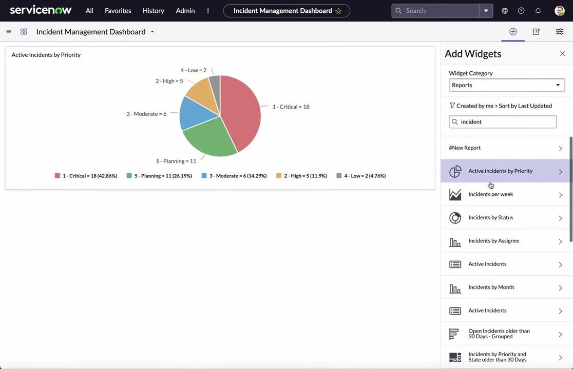 Widget picker with "Reports" selected, "incident" typed in the search box, and a filtered list of incident-related reports