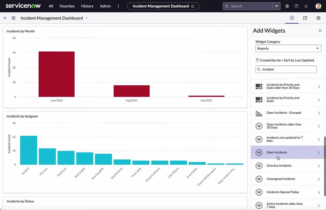 Dashboard showing multiple widgets including "Incidents by Month," "Incidents by Assignee," and the widget picker open