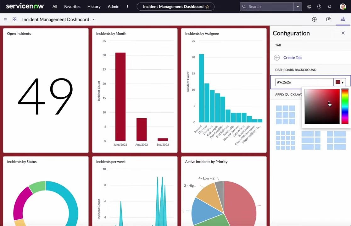 Dashboard with widgets and the configuration panel open, background color picker active, and widgets rearranged