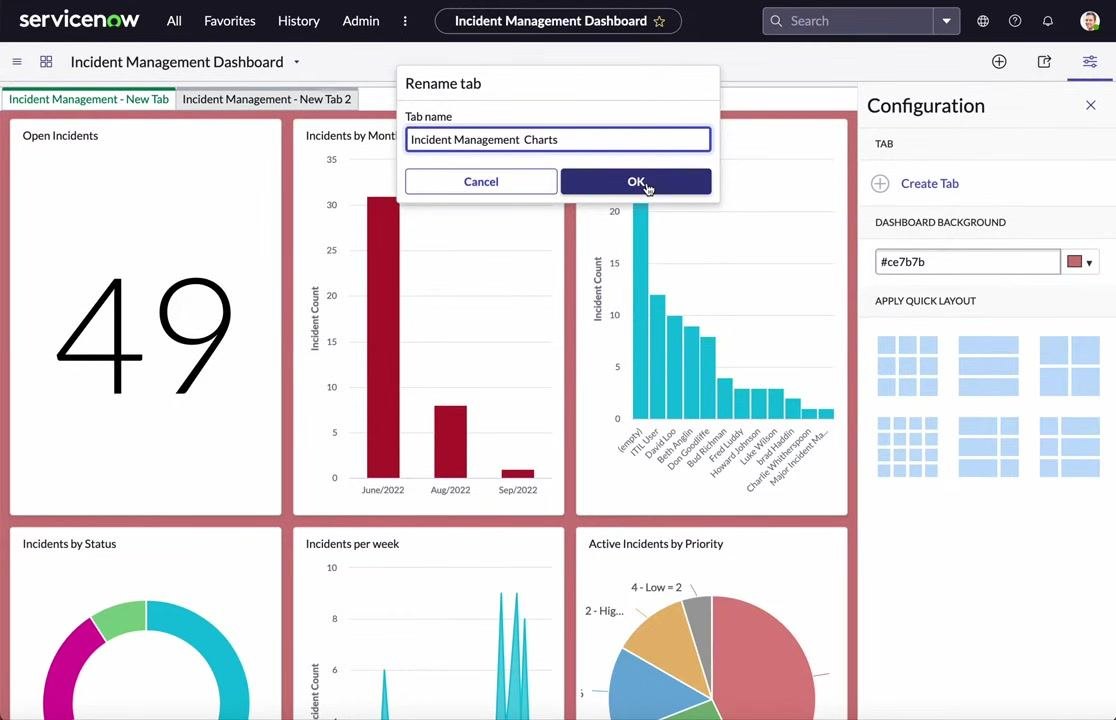 Dashboard with two tabs, the rename dialog open, and the configuration panel visible