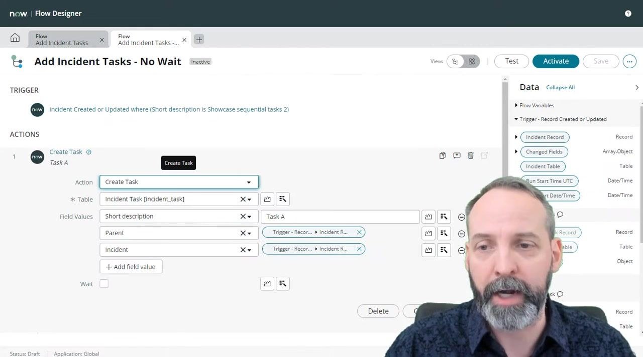 ServiceNow Flow Designer screen showing the flow structure with actions for creating tasks and updating the incident record