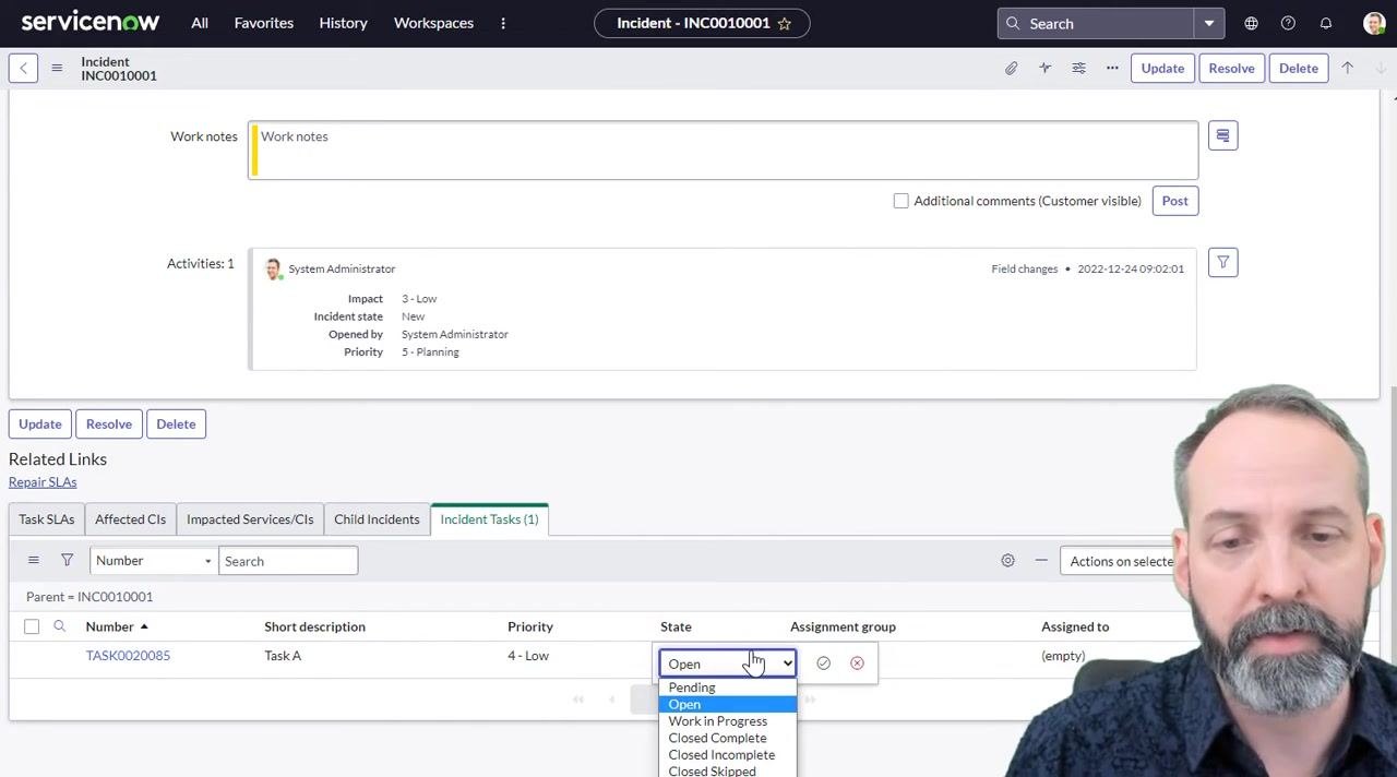ServiceNow incident record with Task A state being changed to Closed Skipped