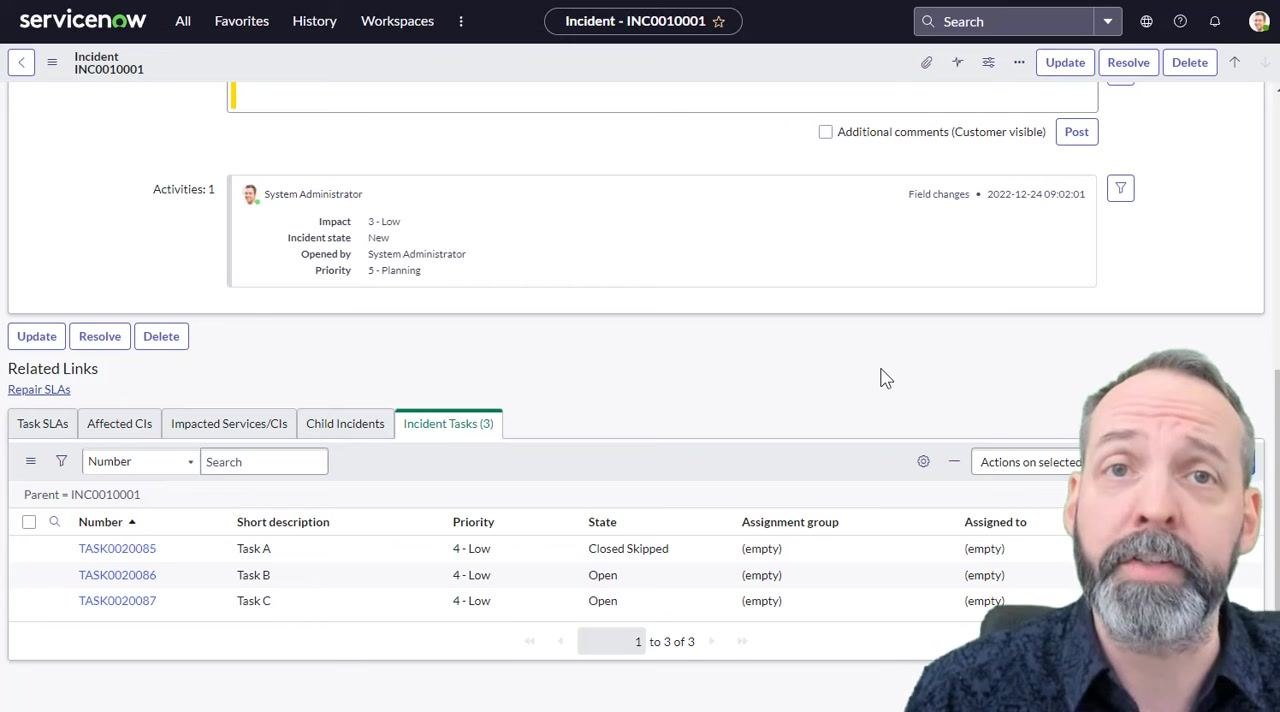 ServiceNow incident record showing Task B and Task C in Open state, Task A closed skipped