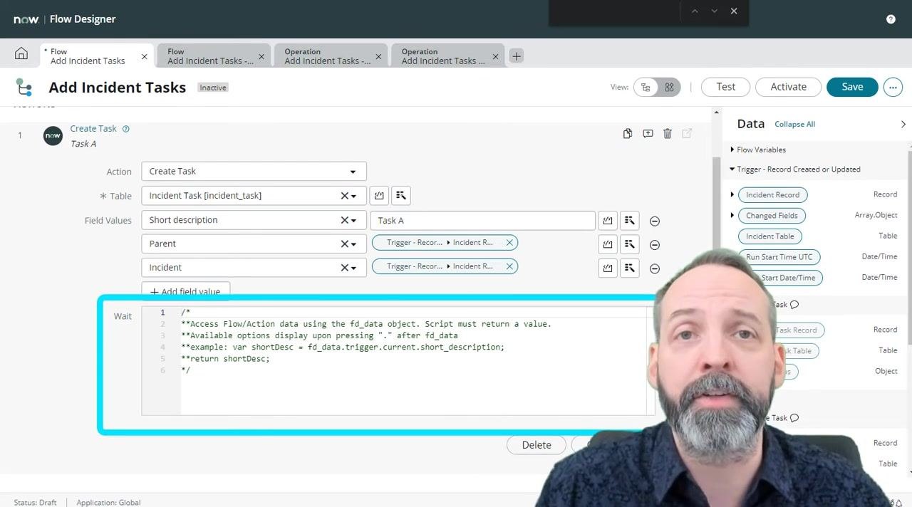 Flow Designer scripting interface for Wait field, showing example script and guidance comments