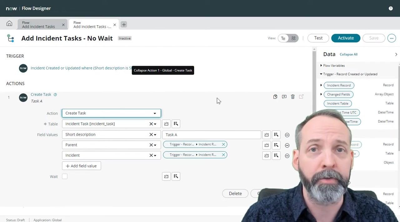 Configuration for updating the incident record with work notes after all tasks are completed