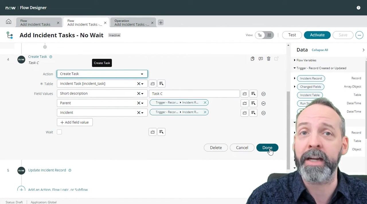Flow Designer showing the condition for Task B creation based on Task A's state