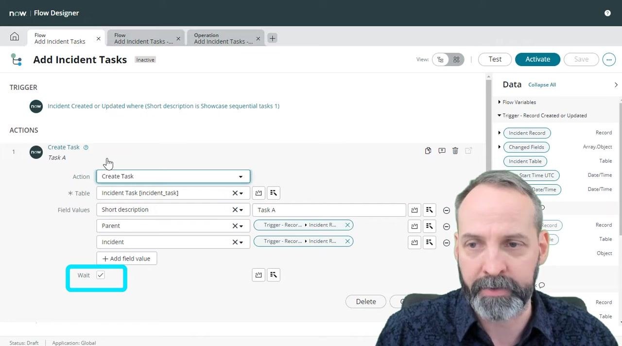 Flow Designer showing the correct configuration with "Wait" checked for Task A creation