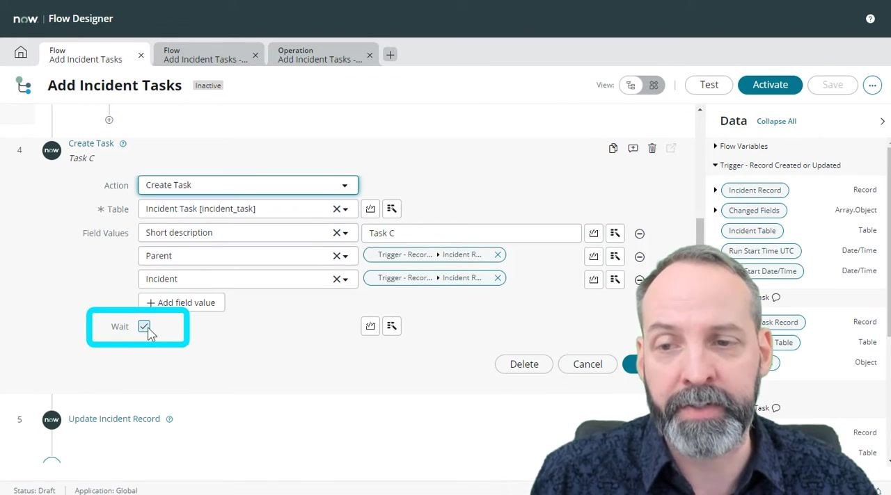 Flow Designer showing Task C creation with the Wait checkbox enabled