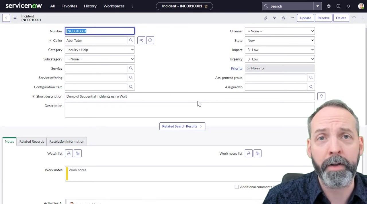 Flow Designer execution details showing Task A in Waiting state, other actions not yet run