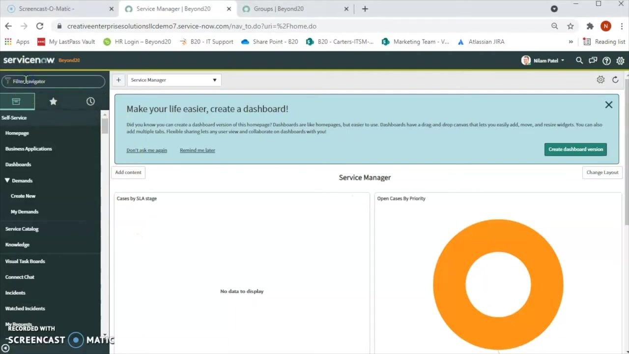 ServiceNow dashboard with navigation menu, dashboard widgets, and a highlighted left navigation bar