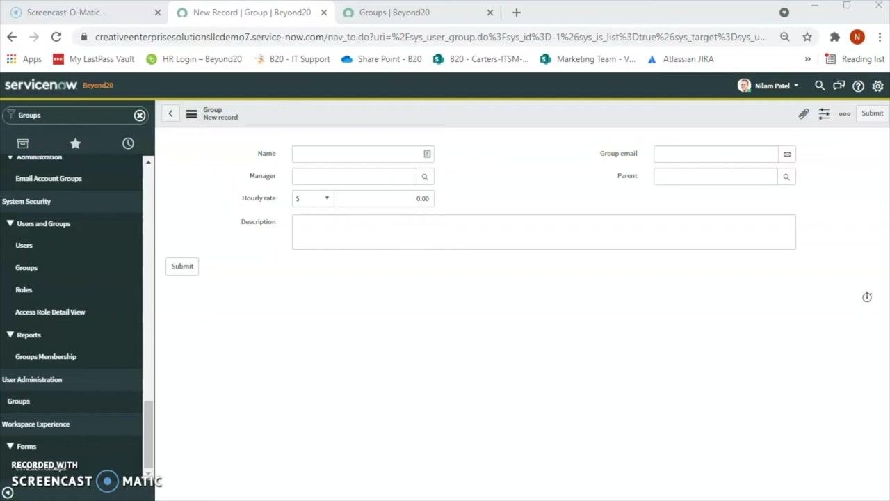 ServiceNow New Group form with empty fields for Name, Manager, Hourly rate, Description, Group email, and Parent