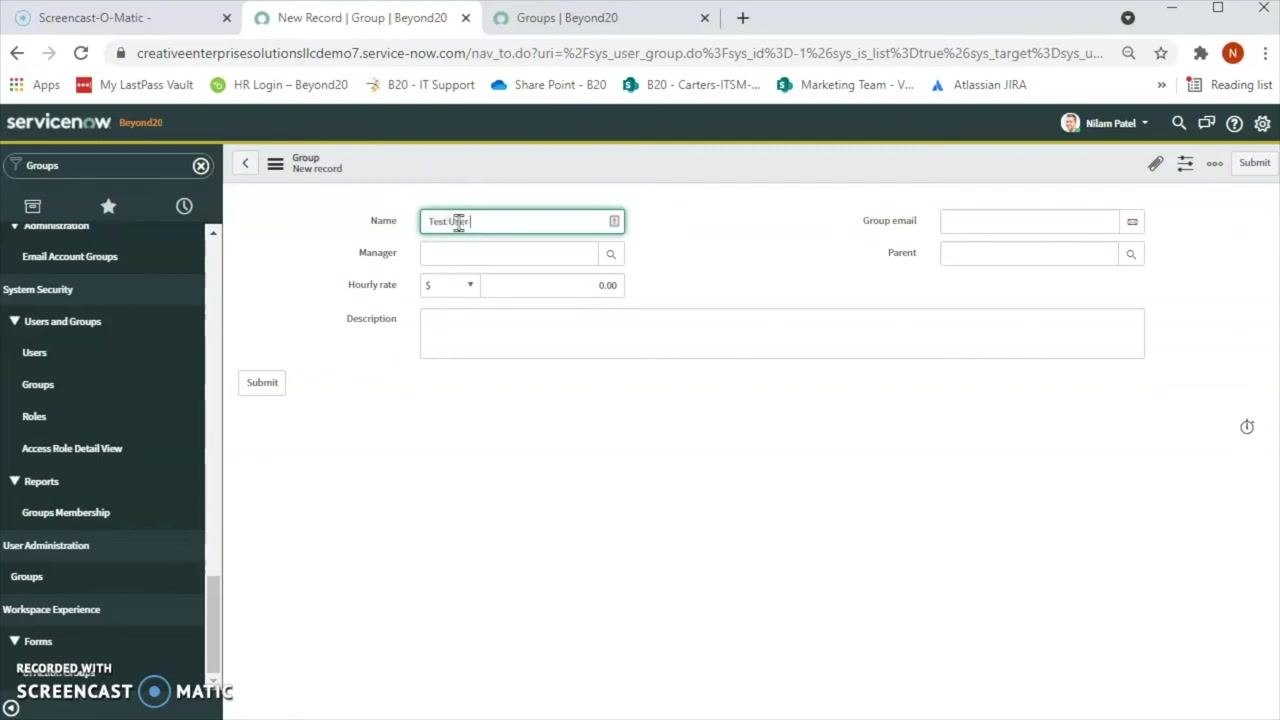 Name field filled in with "Test User Group" on the New Group form