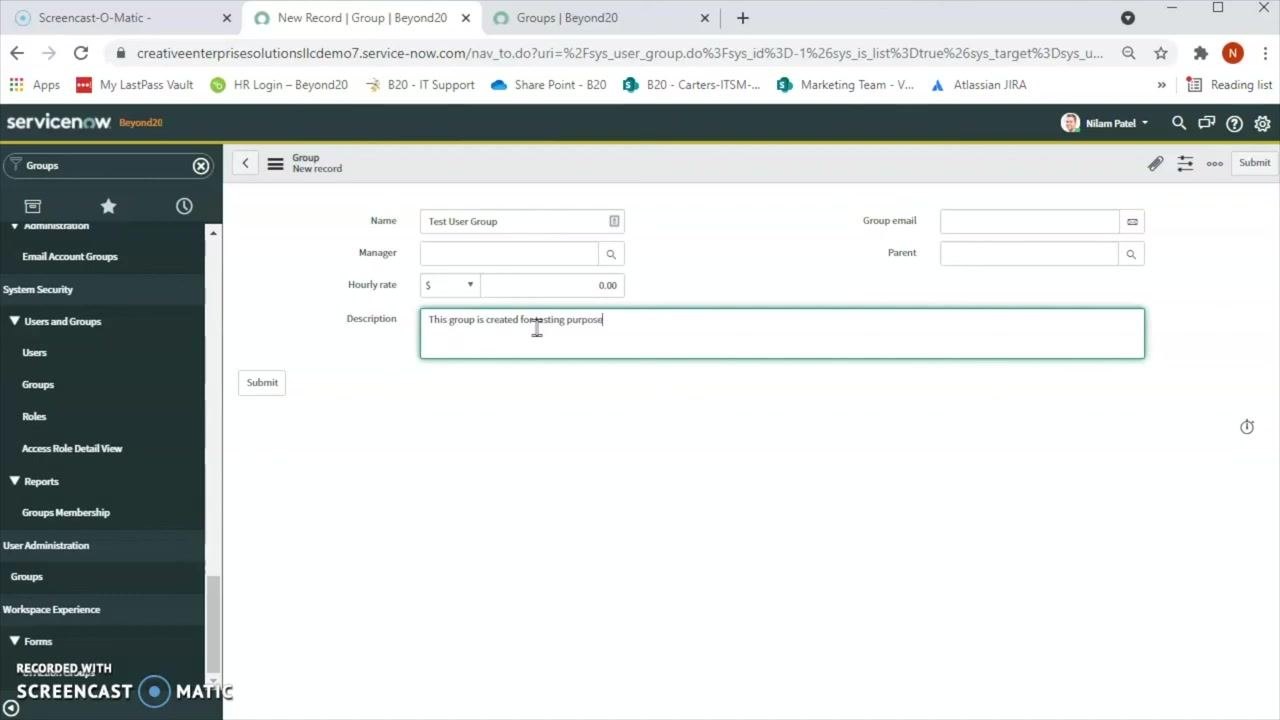 Description field filled in with "This group is created for testing purpose" on the New Group form