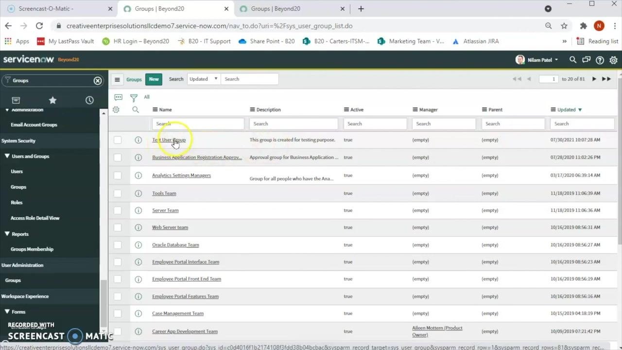 ServiceNow Groups list showing "Test User Group" with its description and active status, confirming successful creation