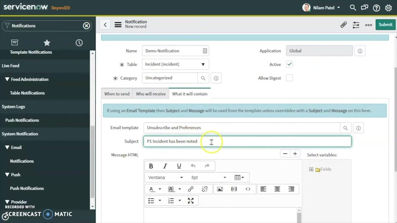 Notification form with 'Unsubscribe and Preferences' set as the email template and 'P1 Incident has been noted' as the subject