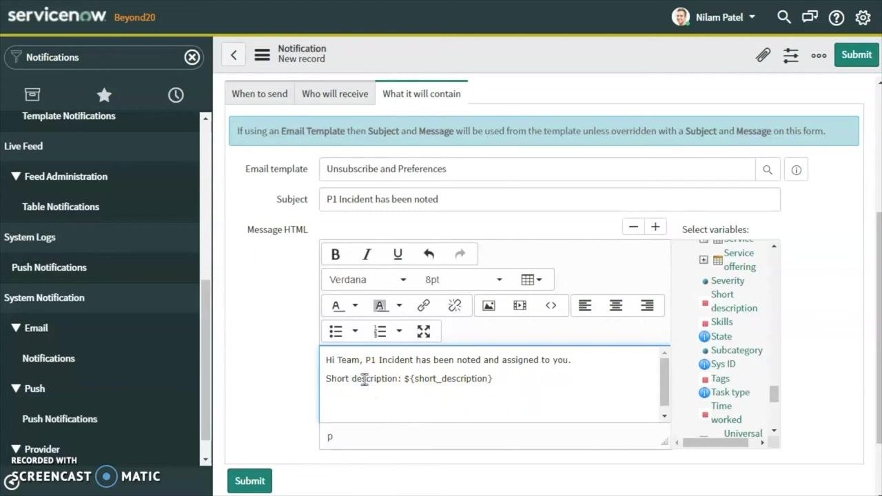 Message HTML field with the greeting and notification message entered