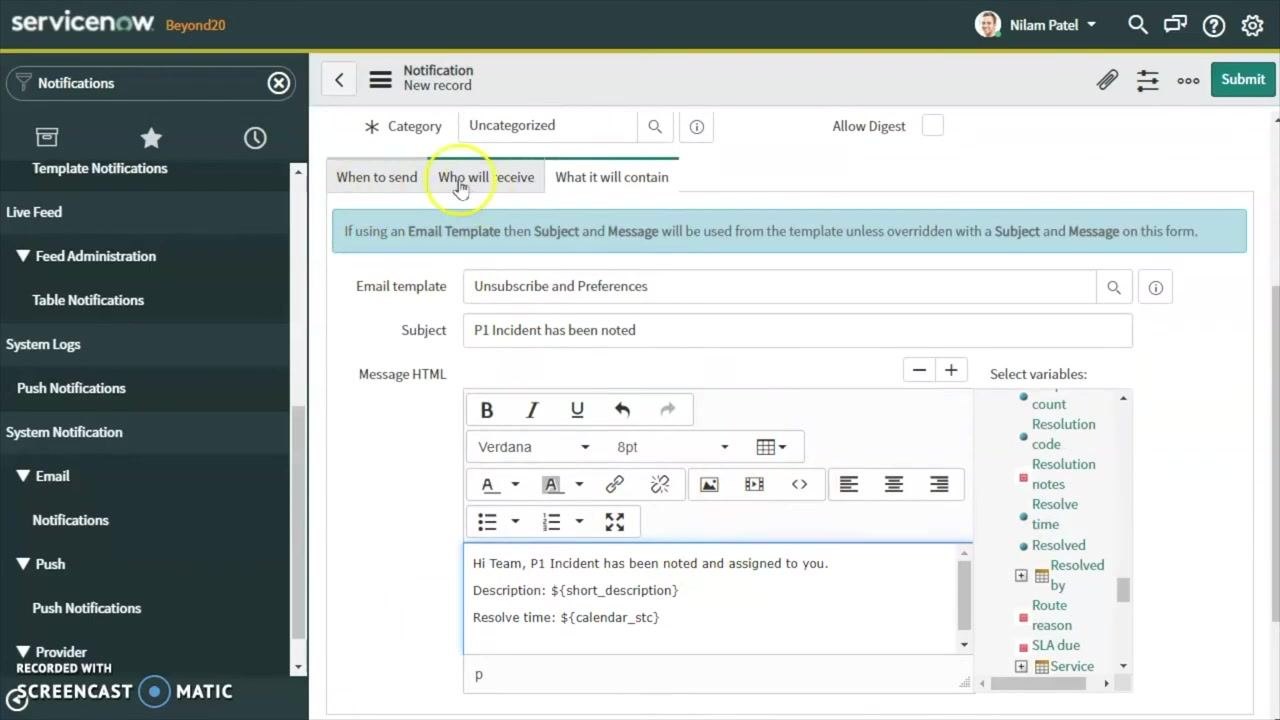 Message HTML field with the resolve time variable added and the variables list visible