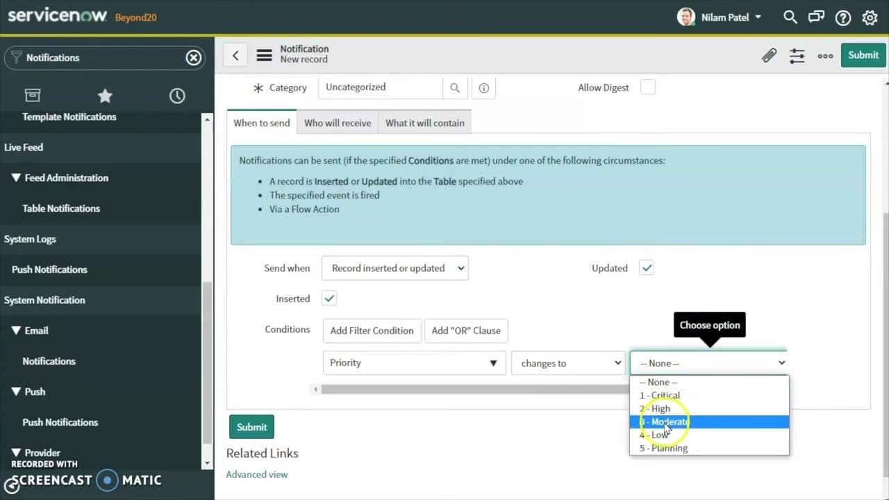 Conditions section with Priority 'changes to' '1 - Critical' selected