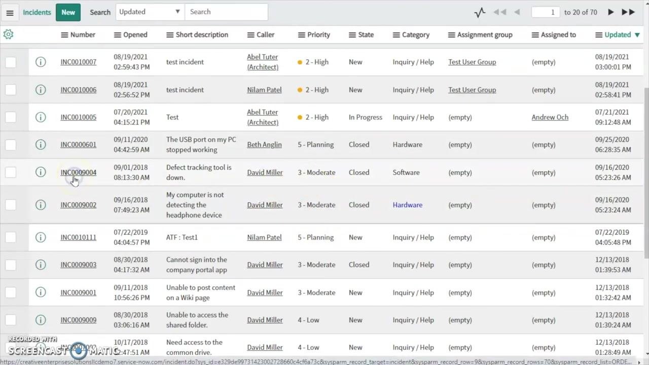 ServiceNow incident list with an incident of Priority 3 - Moderate being selected