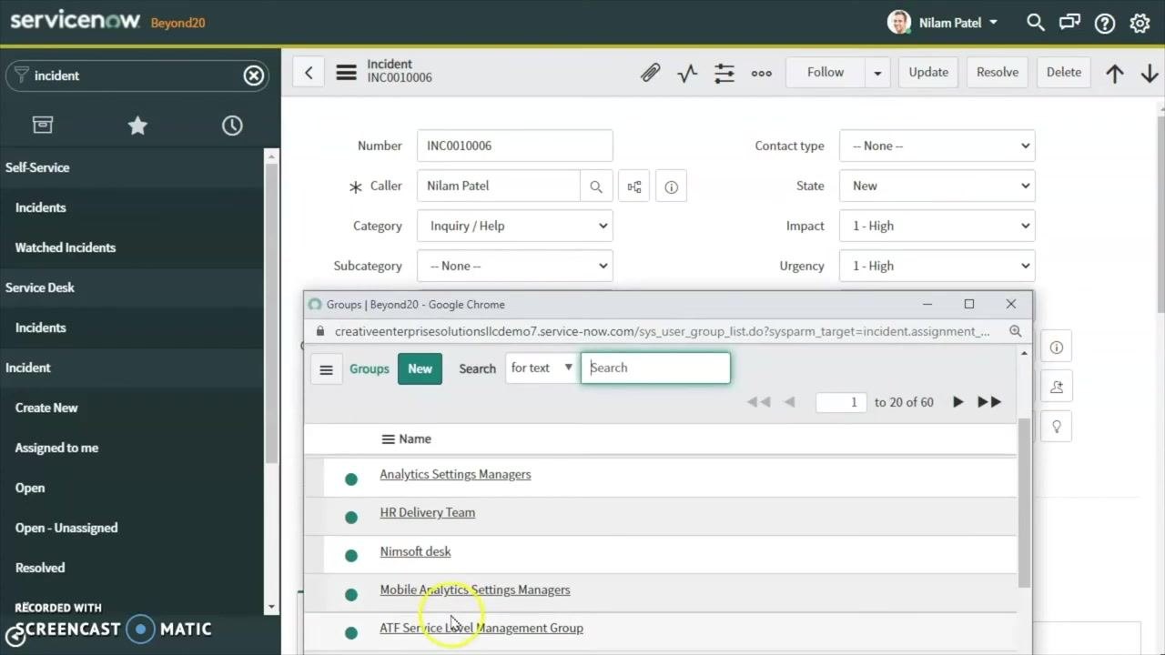 ServiceNow incident record with updated assignment and short description fields, ready to save