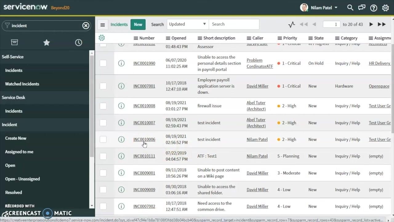 ServiceNow incident record with the assignment group selection window open