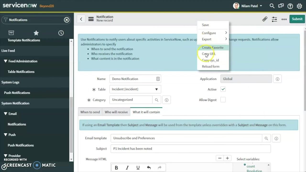 ServiceNow notification configuration showing the trigger condition for Priority changing to 1 - Critical