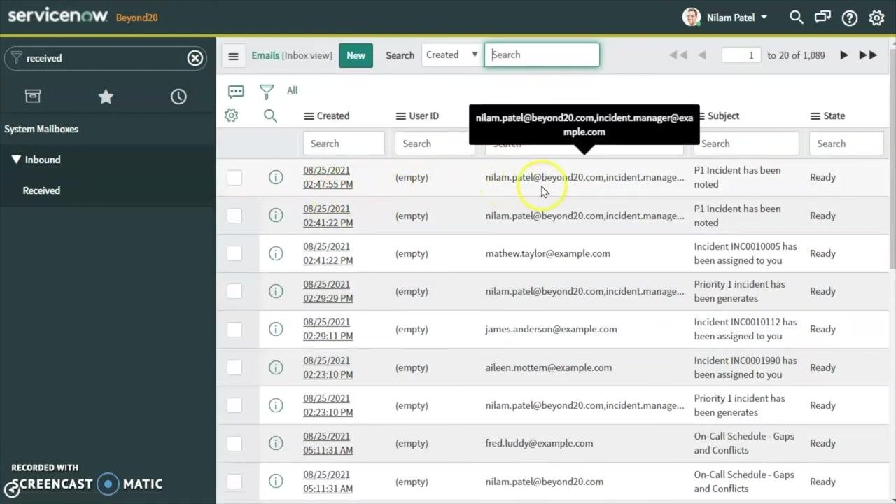 ServiceNow incident record with the Save menu open and updated Priority, Assignment group, and Assigned to fields