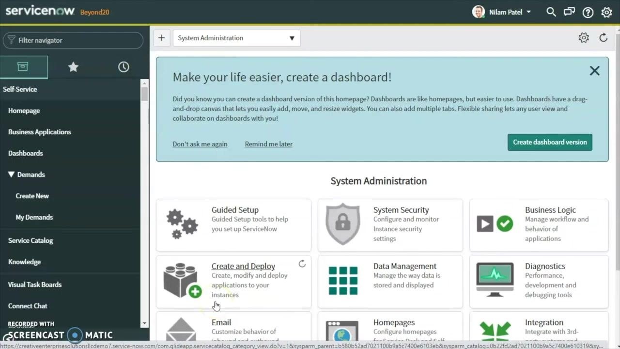 ServiceNow dashboard showing System Administration options and the navigation menu