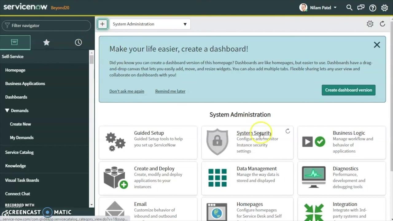 ServiceNow System Administration dashboard showing Guided Setup, System Security, Business Logic, and other administrative tools